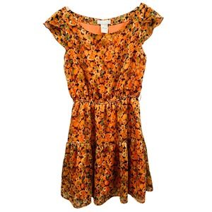 MM Couture by MISS ME Orange Floral Chiffon Tiered Dress Flutter Sleeve Spring-M